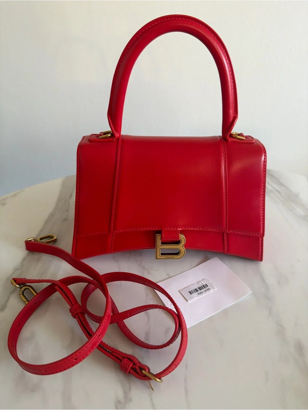 Balenciaga Red Hourglass Top Handle Satchel with Gold 'B' Logo
